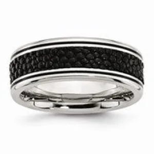 Stainless Steel Polished Grooved/Genuine Stingray Textured 8mm Ring