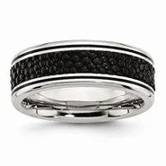 Stainless Steel Polished Grooved/Genuine Stingray Textured 8mm Ring