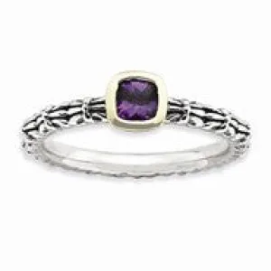 Sterling Silver & 14k Checker-cut Amethyst Antiqued R, Size 5