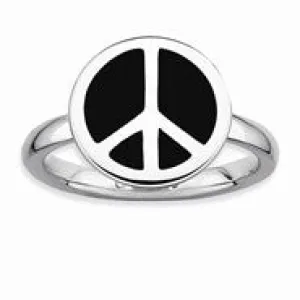 Sterling Silver Polished Black Enameled Peace Sign Ring, Size 10