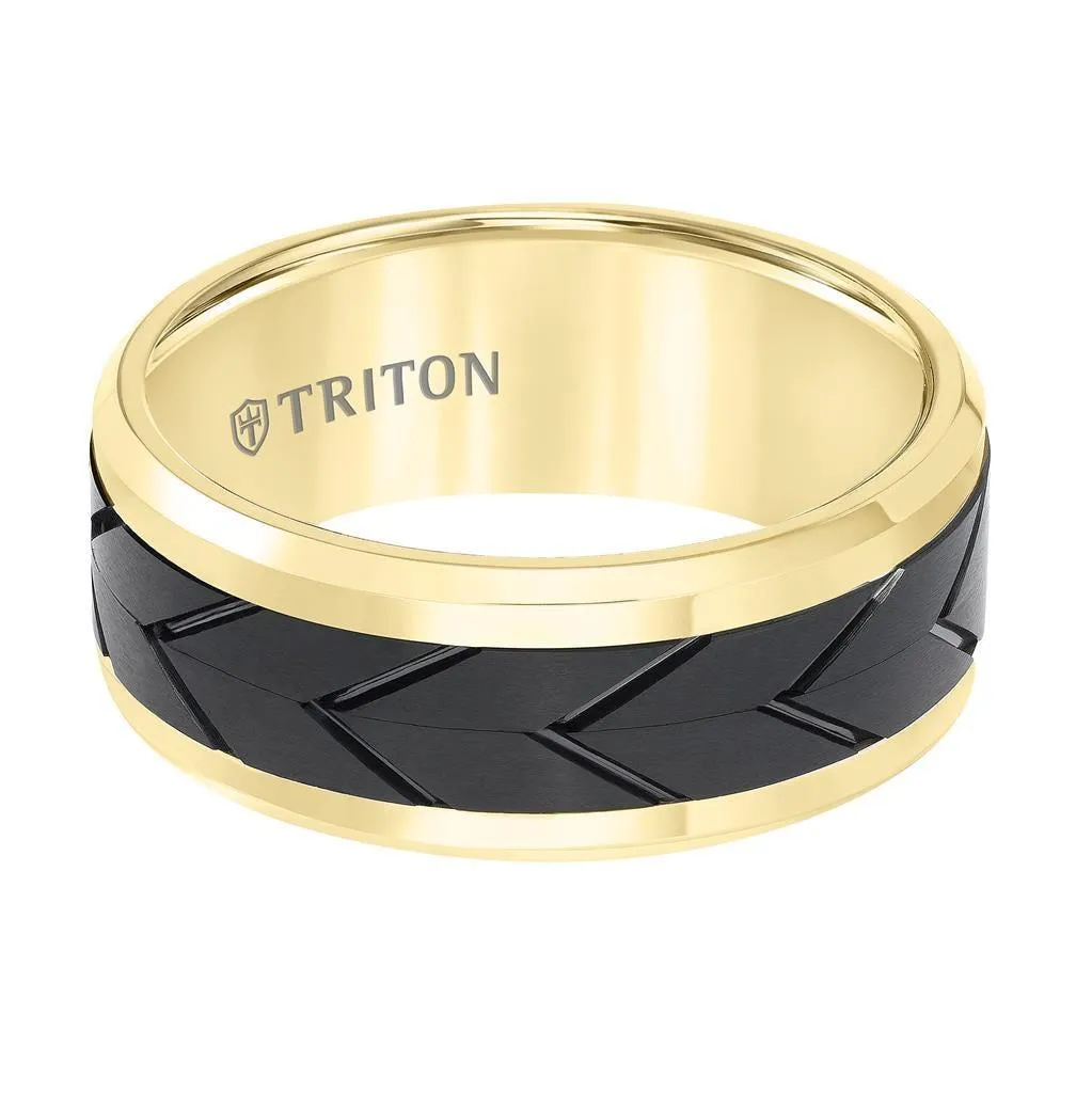 STINGLESS Yellow Tungsten Two-Tone Polished Beveled Wedding Band with Engraved Tire Tread Center by Triton Rings - 9mm
