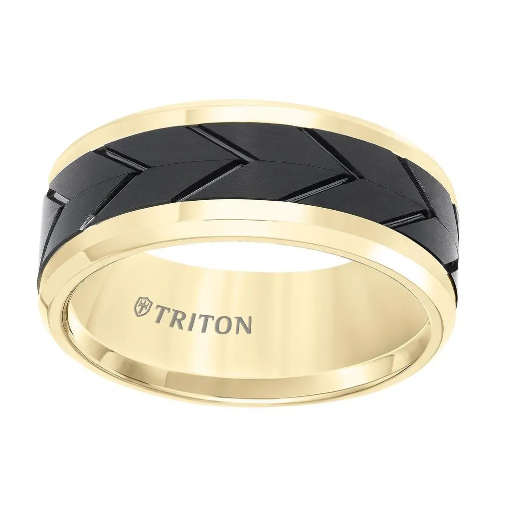 STINGLESS Yellow Tungsten Two-Tone Polished Beveled Wedding Band with Engraved Tire Tread Center by Triton Rings - 9mm