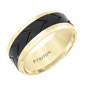 STINGLESS Yellow Tungsten Two-Tone Polished Beveled Wedding Band with Engraved Tire Tread Center by Triton Rings - 9mm