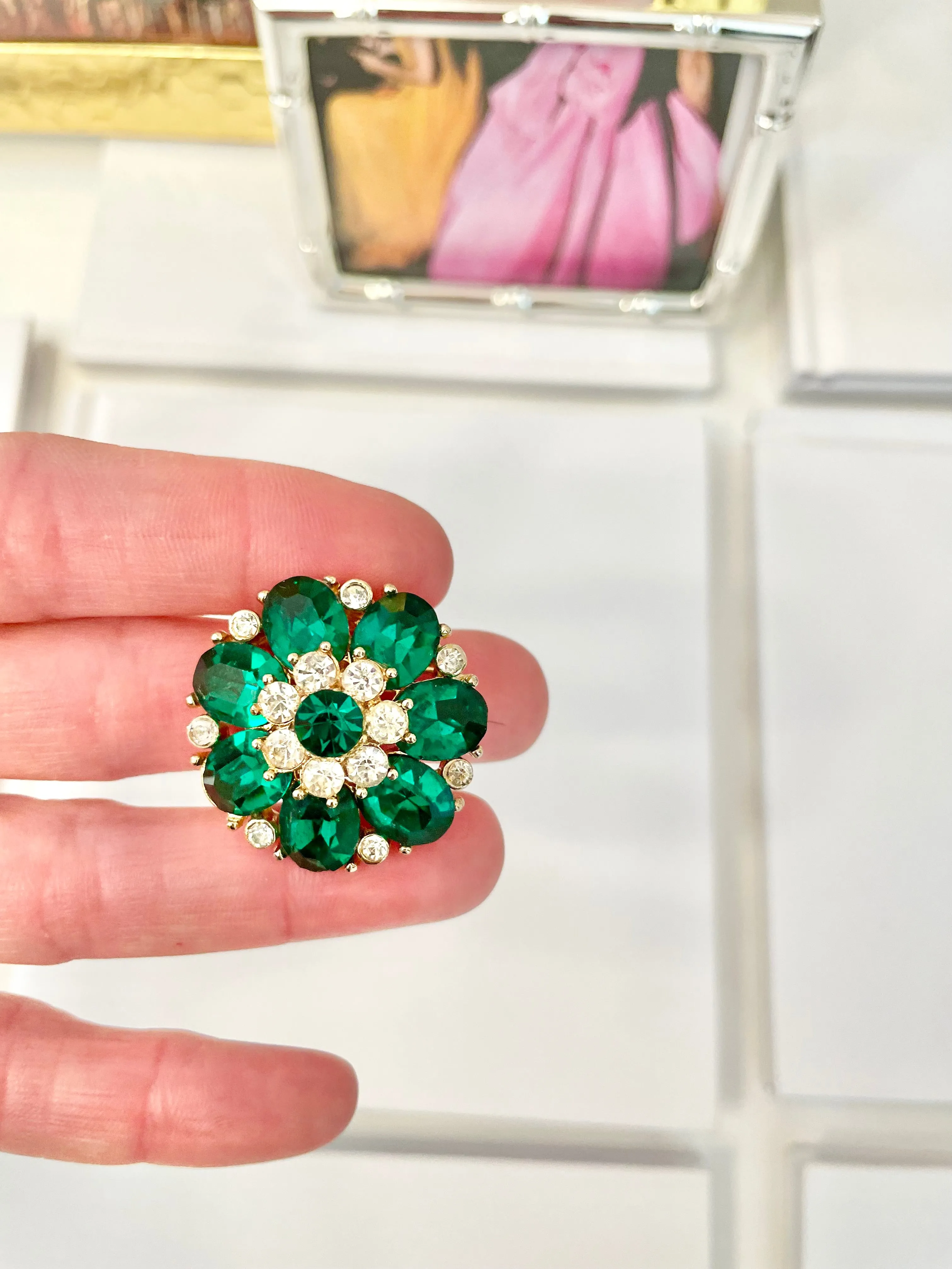 The prettiest petite emerald glass brooch.... so sweet