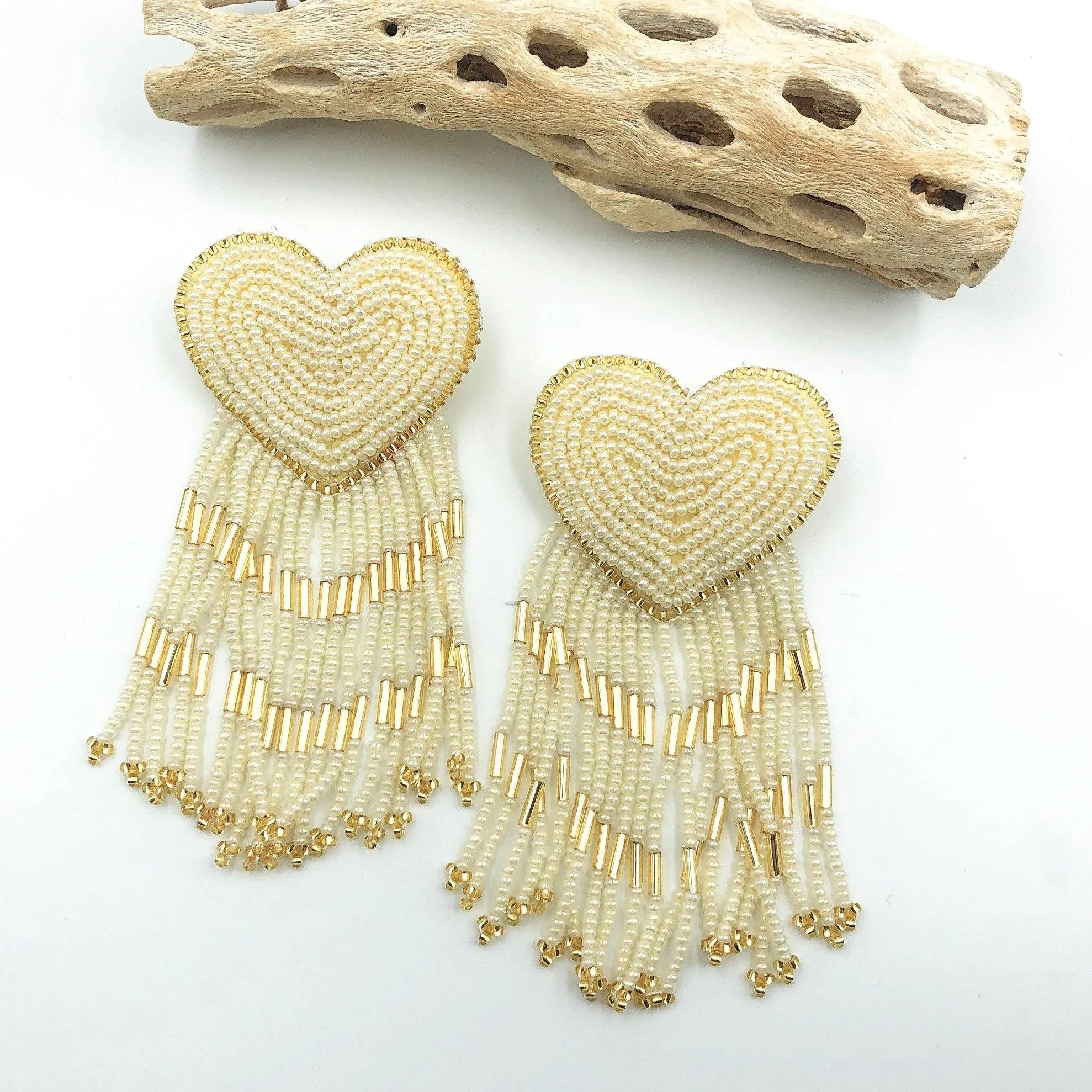 Treasure Jewels Inc. - Heart Tassel Cream Earrings