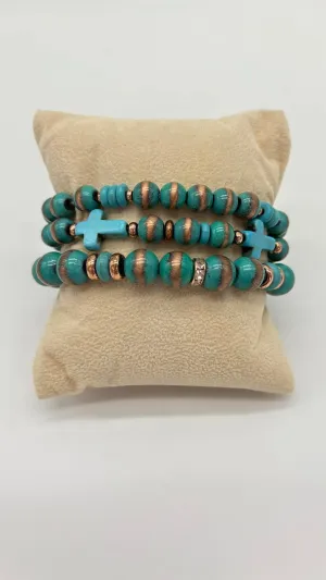 Turquoise/Bronze Pearls w/ Cross Bracelets Stack