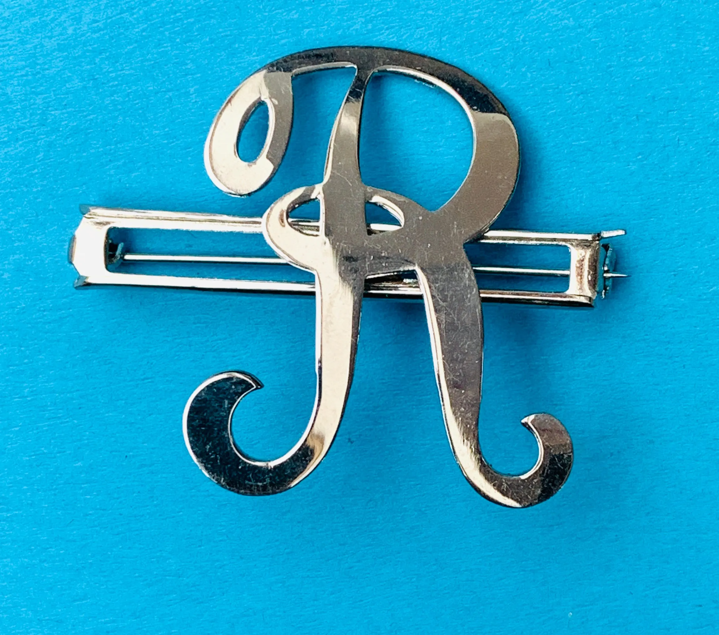 Vintage  Chrome Initial Brooches : A, C,  E, F, G, H, L, M, N, P,R, S, T, U, W and Y