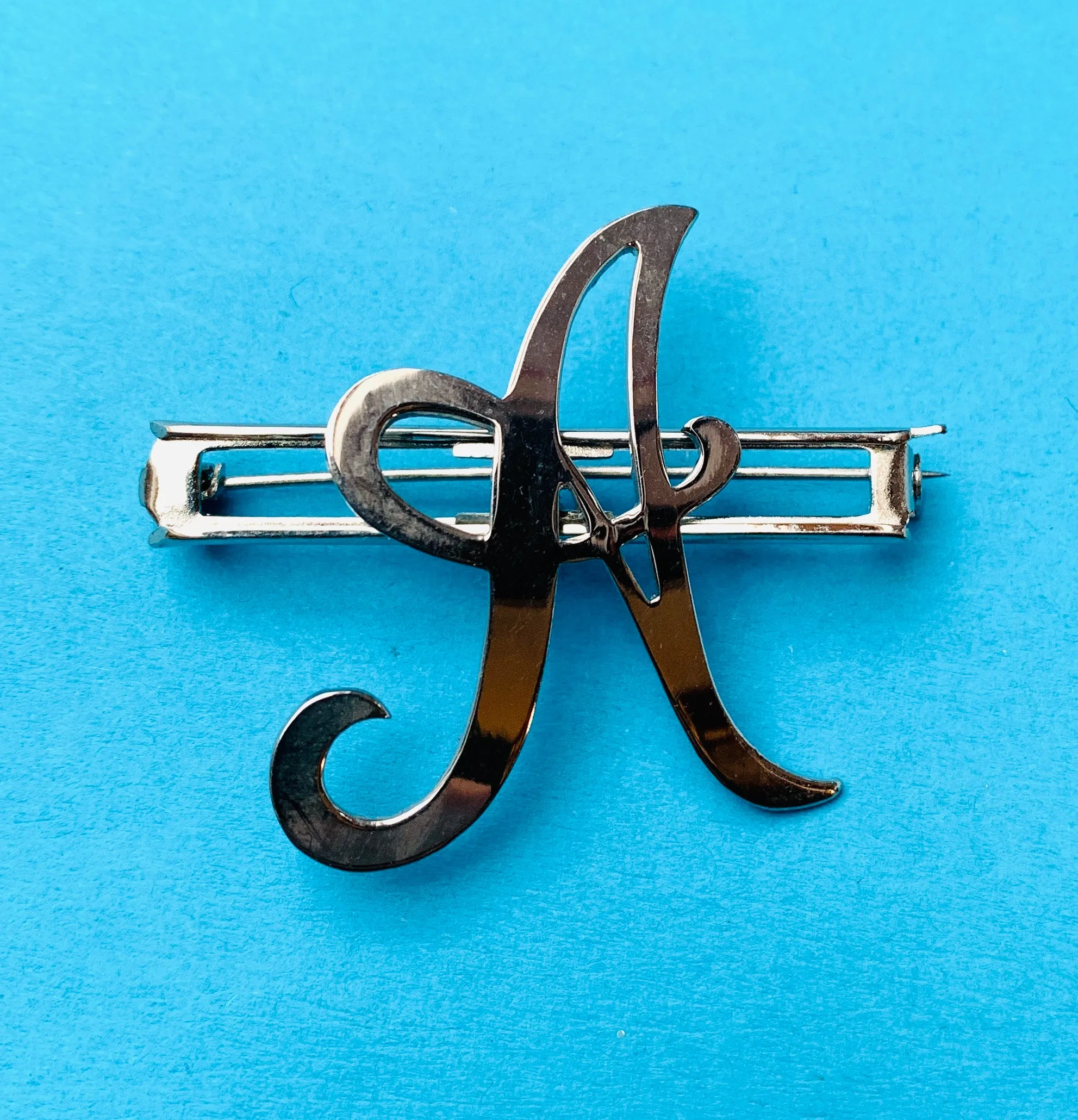 Vintage  Chrome Initial Brooches : A, C,  E, F, G, H, L, M, N, P,R, S, T, U, W and Y
