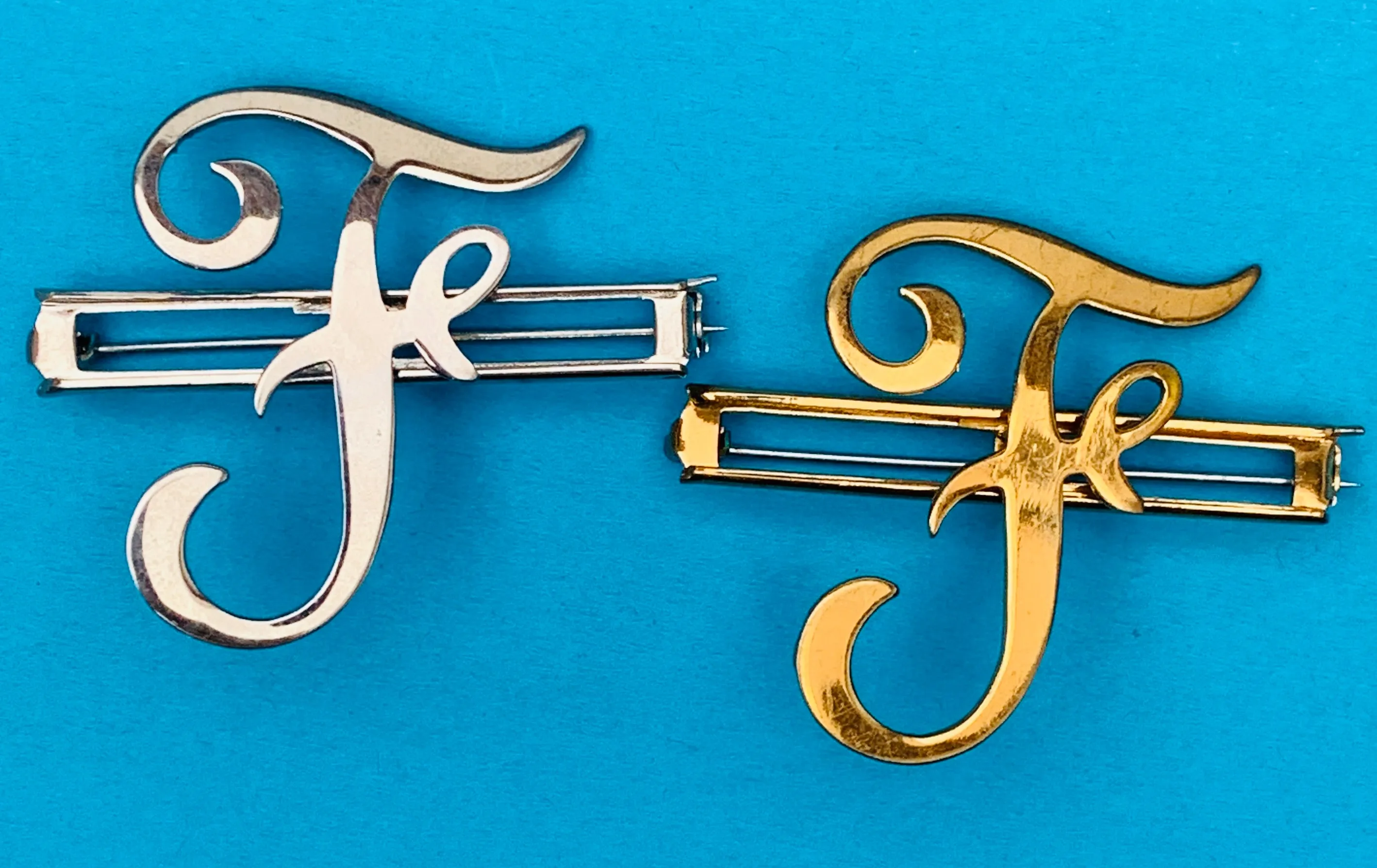 Vintage  Chrome Initial Brooches : A, C,  E, F, G, H, L, M, N, P,R, S, T, U, W and Y