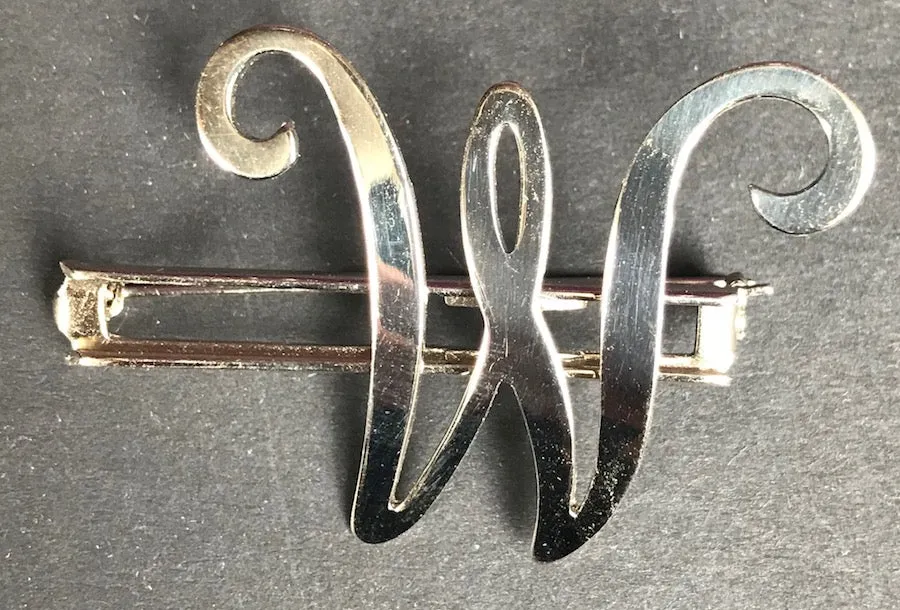 Vintage  Chrome Initial Brooches : A, C,  E, F, G, H, L, M, N, P,R, S, T, U, W and Y