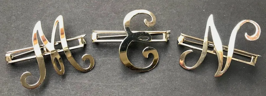 Vintage  Chrome Initial Brooches : A, C,  E, F, G, H, L, M, N, P,R, S, T, U, W and Y