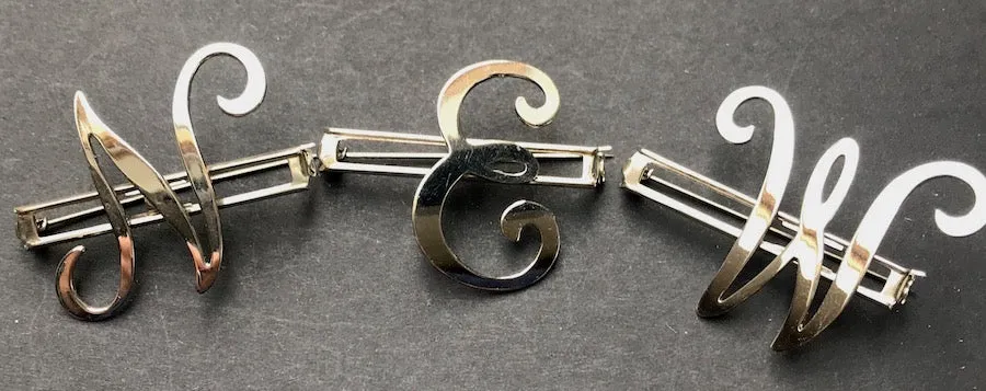 Vintage  Chrome Initial Brooches : A, C,  E, F, G, H, L, M, N, P,R, S, T, U, W and Y
