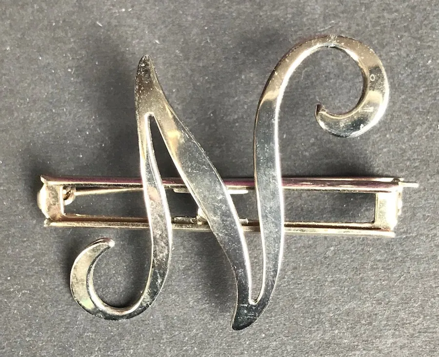 Vintage  Chrome Initial Brooches : A, C,  E, F, G, H, L, M, N, P,R, S, T, U, W and Y