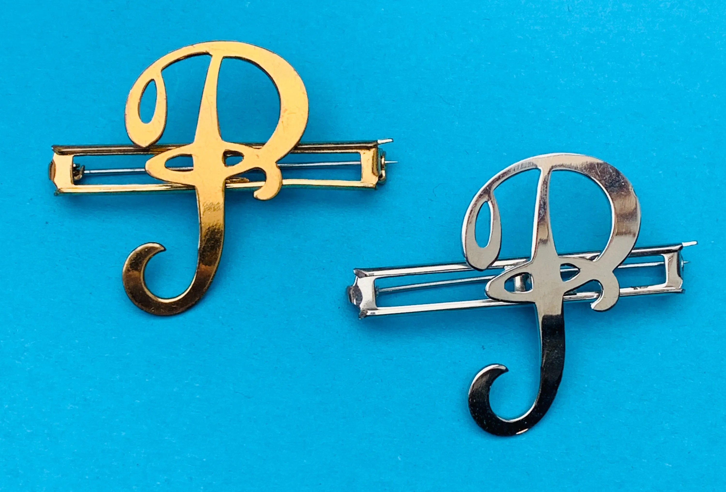 Vintage  Chrome Initial Brooches : A, C,  E, F, G, H, L, M, N, P,R, S, T, U, W and Y