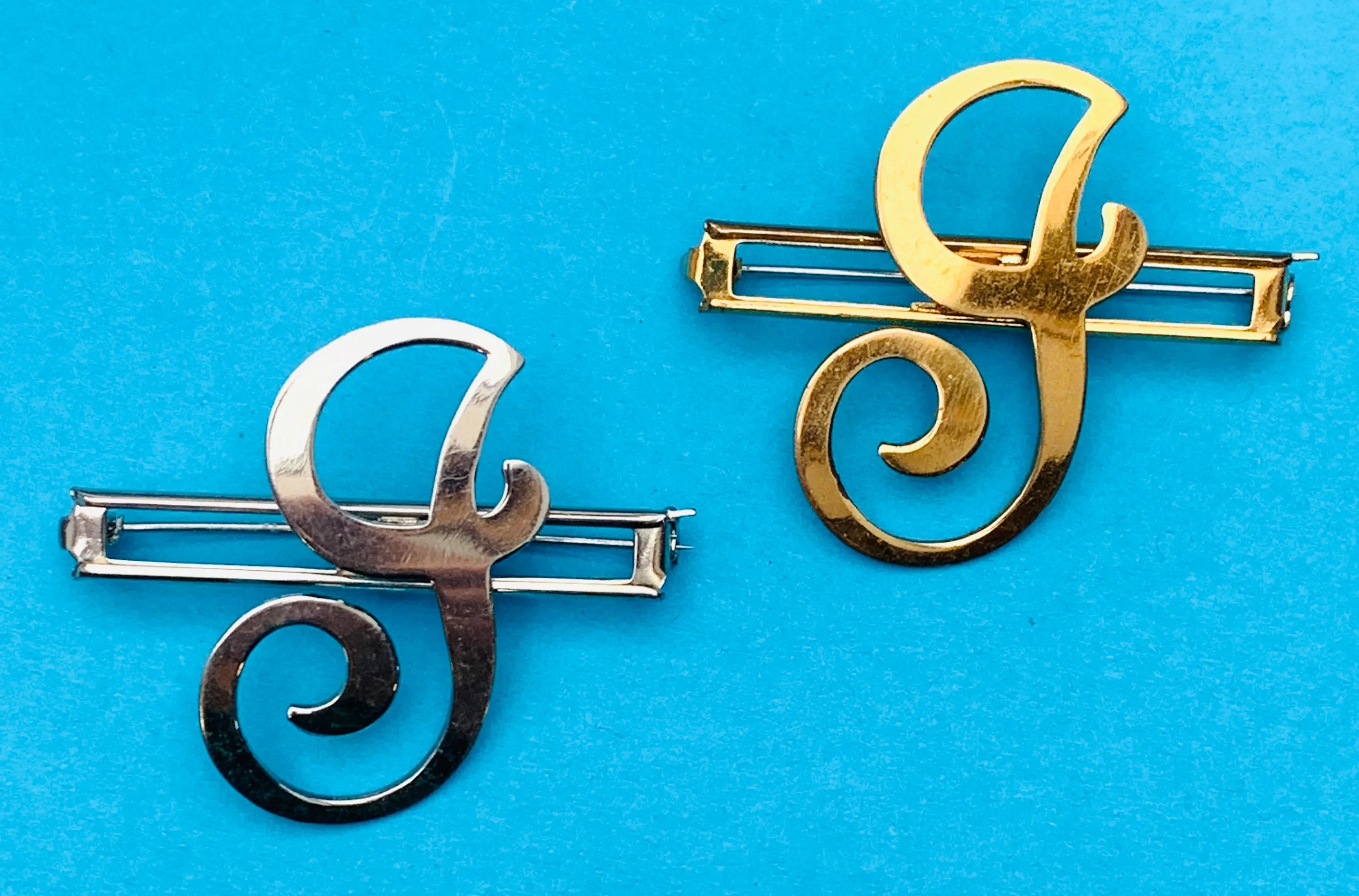 Vintage  Chrome Initial Brooches : A, C,  E, F, G, H, L, M, N, P,R, S, T, U, W and Y
