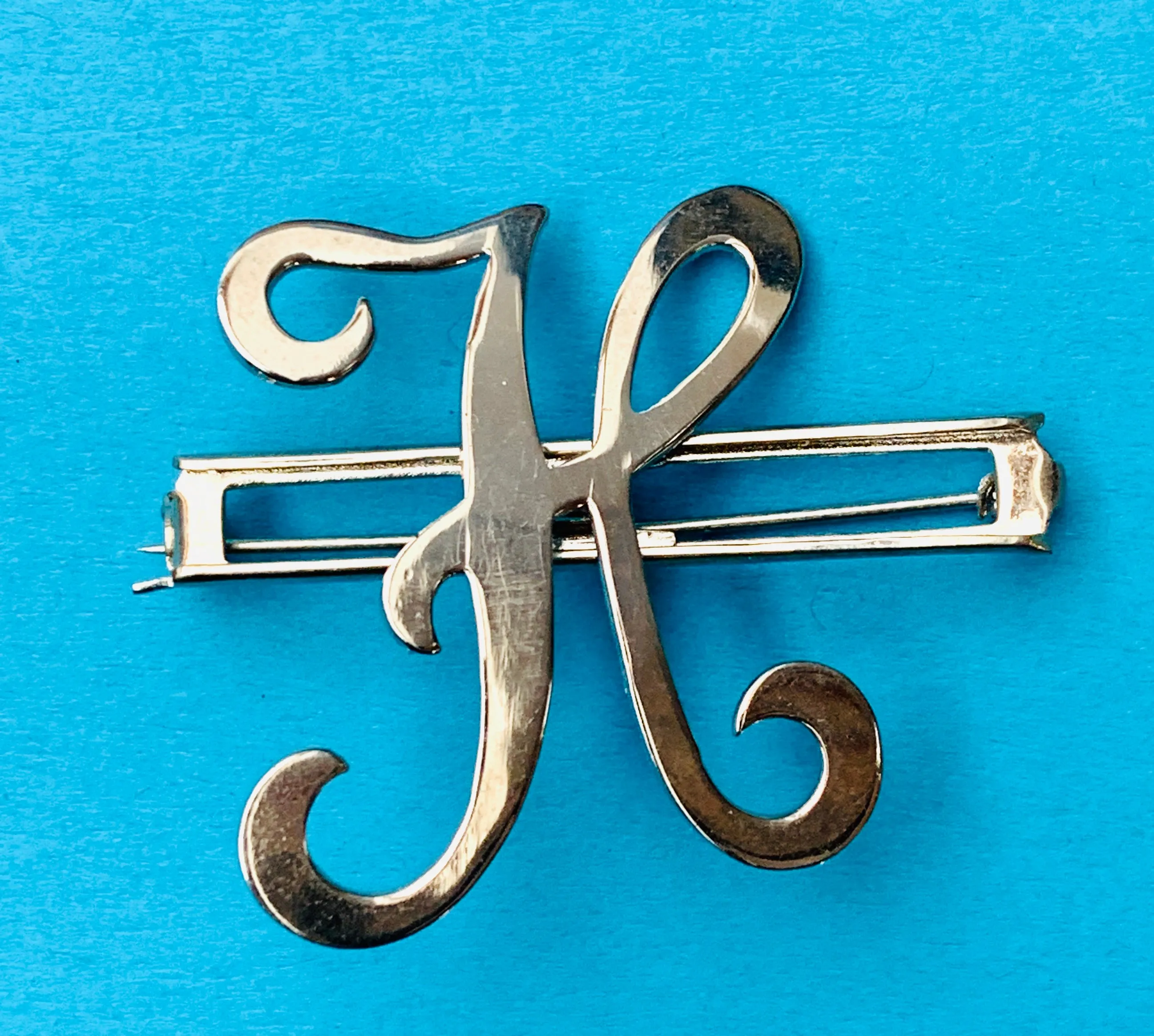 Vintage  Chrome Initial Brooches : A, C,  E, F, G, H, L, M, N, P,R, S, T, U, W and Y