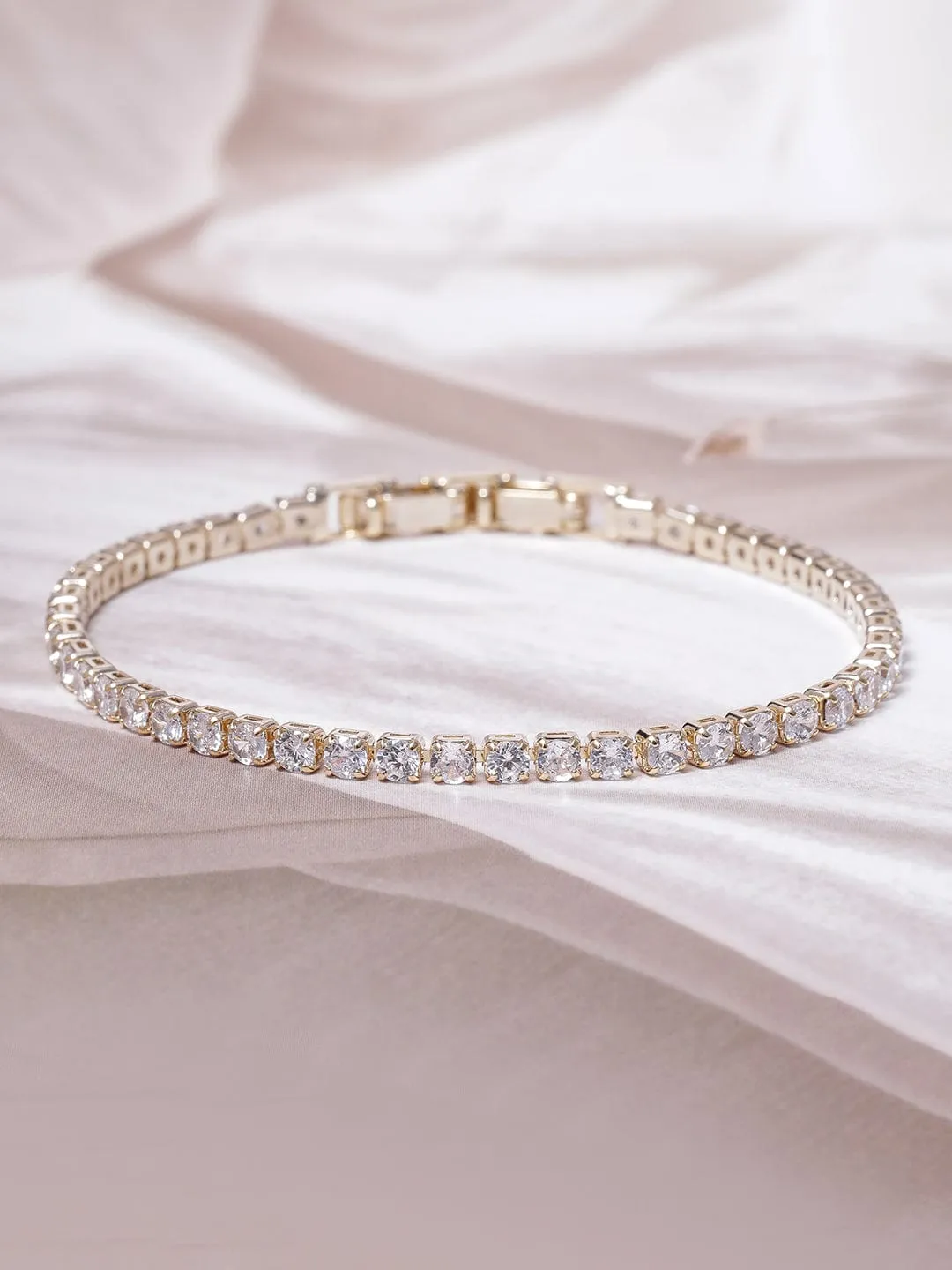 Voguish 22K Gold Plated AD & Cubic Zirconia Studded Delicate Tennis Bracelet