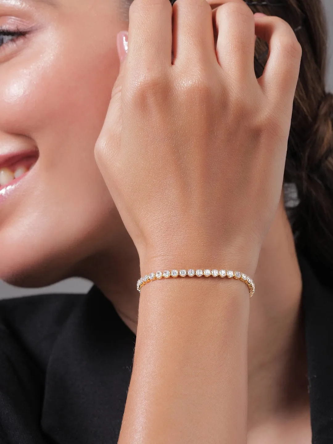Voguish 22K Gold Plated AD & Cubic Zirconia Studded Delicate Tennis Bracelet